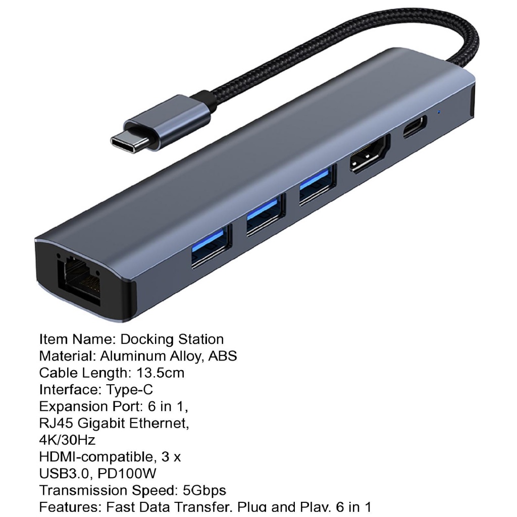 Trạm Sạc Nhiều Cổng USB C 6 Trong 1 3 Cổng USB 3.0 RJ45 4K / 30Hz HDMI-Compatible 5Gbps Type-C Cho Máy Tính