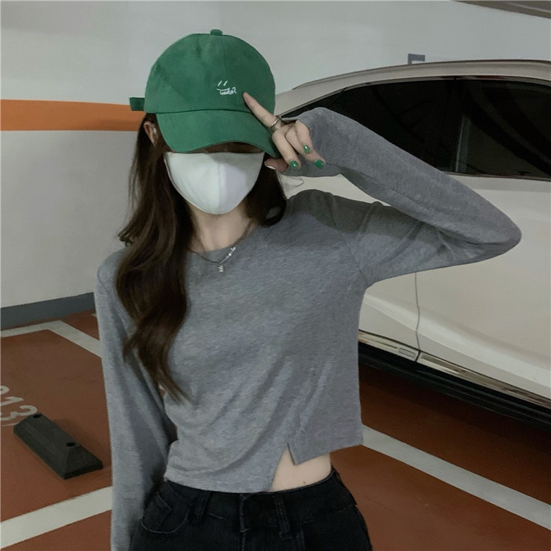 IELGY     Áo Thun Lửng Tay Dài Màu Trắng Thời Trang Cho Nữ