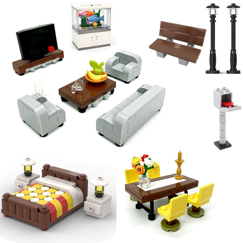 Trẻ em ghép khối đồ nội thất mô hình ghế sofa/giường/piano/TV Nam cô gái DIY khối phụ kiện giả vờ chơi đồ chơi tương tác khối giá sách/phòng tắm/máy giặt