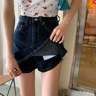  589 | Chân Váy Quần Giả Váy Bò Xanh Đậm Ngắn Basic Có Quần Trong Chữ A Kiểu Đơn Giản 