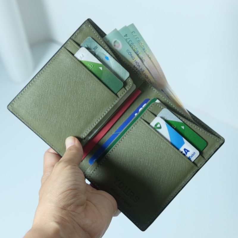 Ví da bò Saffiano cao cấp YOURS-xanh rêu-Ví đứng