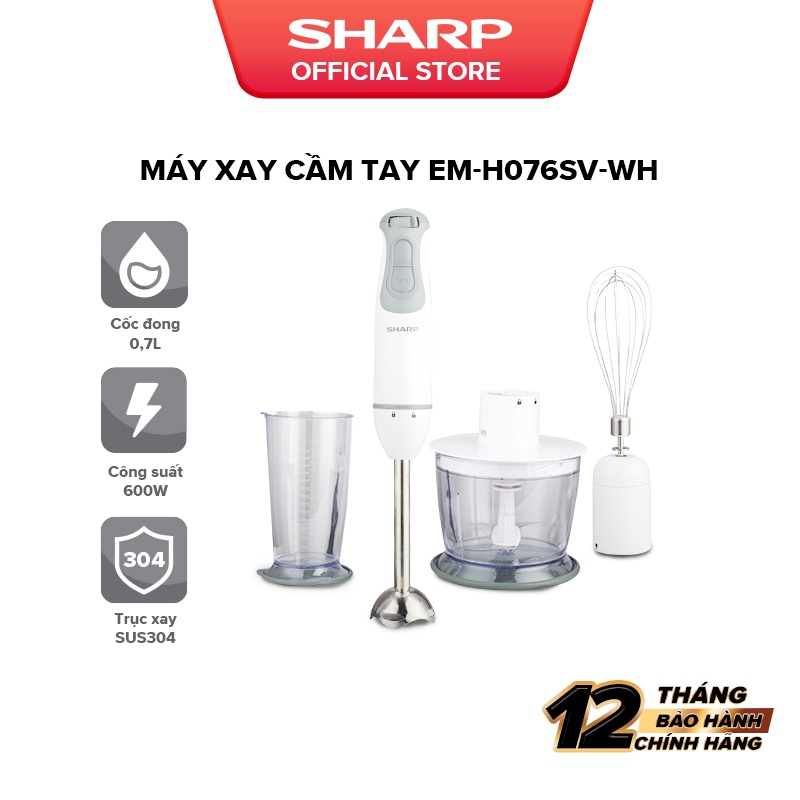 Máy Xay Cầm Tay Sharp EM-H076SV-WH 0.7L Kèm Cây Đánh Trứng [600W] BH 12 Tháng