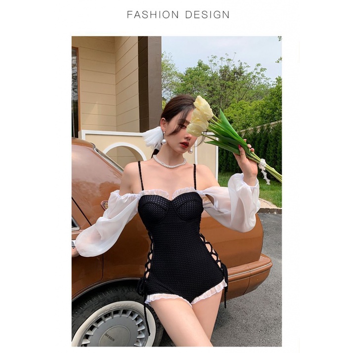 Bãi biển Bikini Strap rỗng lưới sợi dài tay áo liền thân áo tắm cho phụ nữ sexy