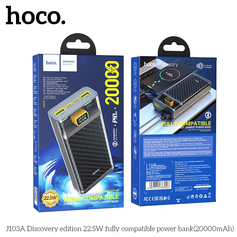 Pin dự phòng Hoco J103A 20000mAh QC3.0 22.5W, PD TypeC 20W, Màn hình LCD  - Hãng phân phối