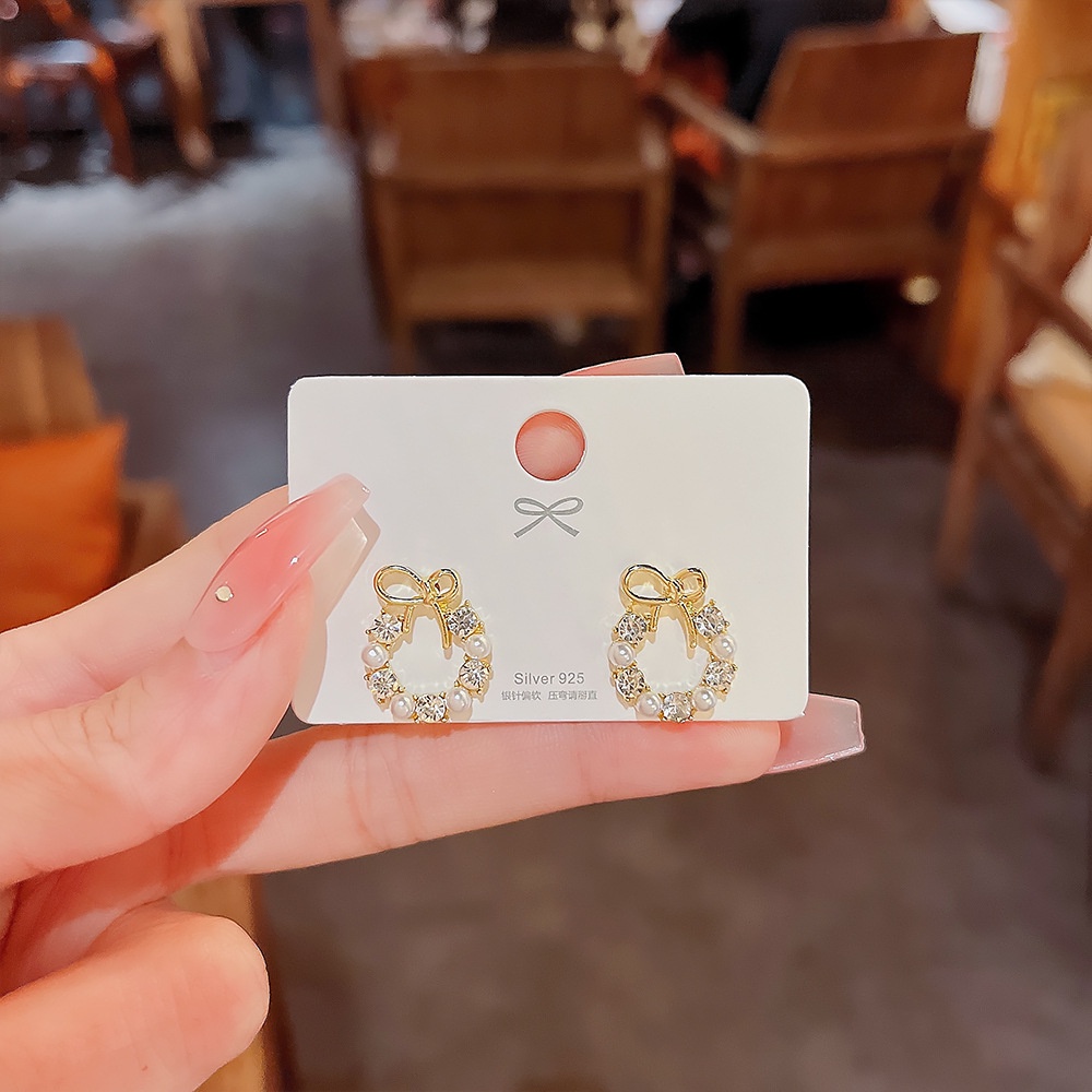 Bông tai 17KM hình nơ đính ngọc trai phong cách Hàn Quốc dễ thương thời trang xinh xắn cho nữ