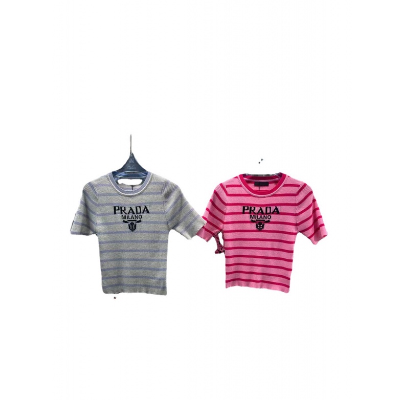 Prada 23 early spring new fashion classic triangle logo casual slim knitted short-sleeved top