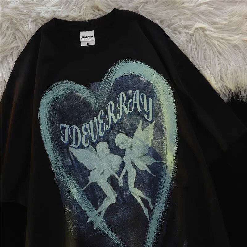 IELGY  Áo Thun Dáng Rộng Họa Tiết Trái Tim Dễ Phối Đồ Cho Nữ