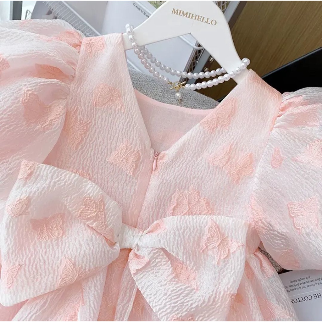 Đầm Công Chúa Tay Phồng Đính Nơ Thời Trang Cho Bé Gái 0-9 Tuổi