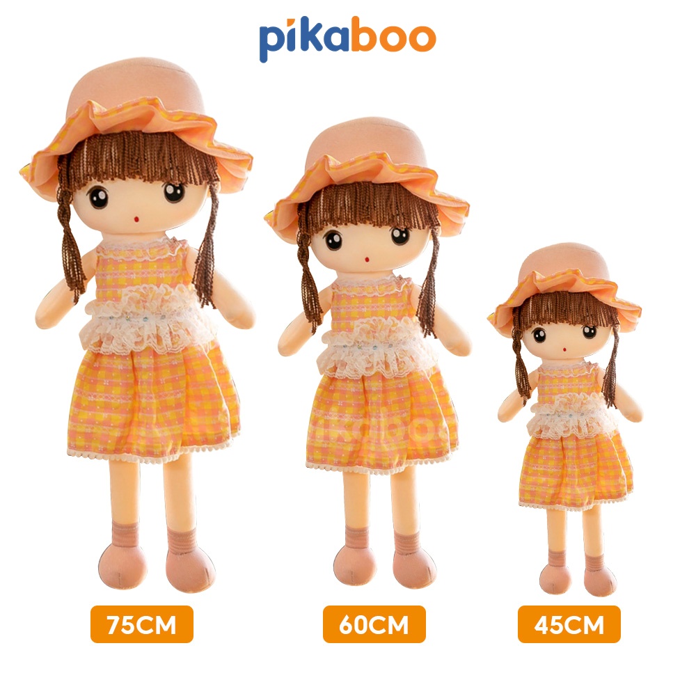 Gấu bông búp bê cao cấp Pikaboo váy kẻ thanh lịch, nhồi bông 3D tinh khiết, vải cotton mềm mịn co dãn