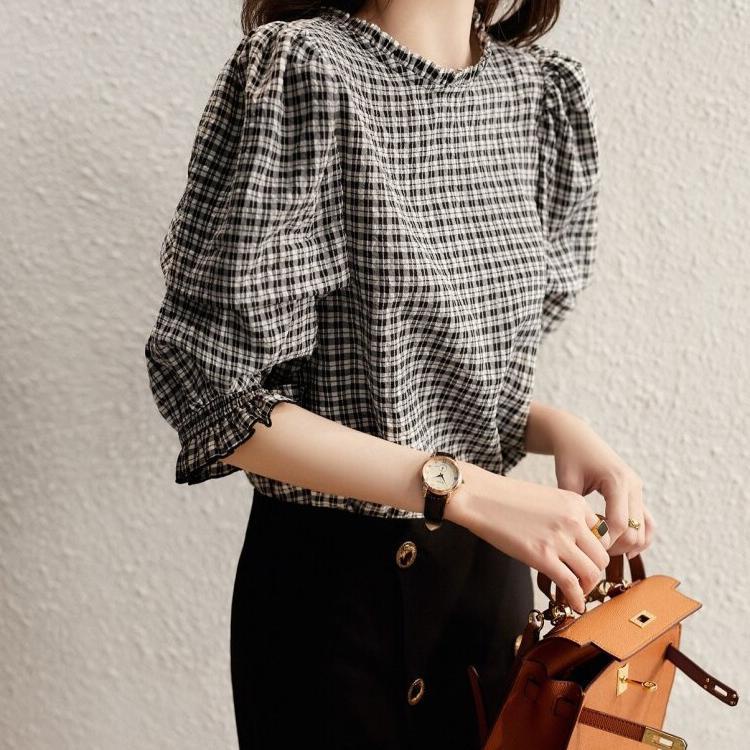 Áo Sơ Mi Ngắn Tay Form Rộng Họa Tiết Ca Rô Thời Trang Dành Cho Nữ