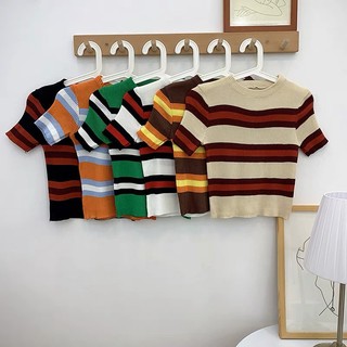 [ ORDER ] áo len gân cộc tay, len mỏng ngắn tay sọc dáng hàn quốc KÈM ẢNH THẬT