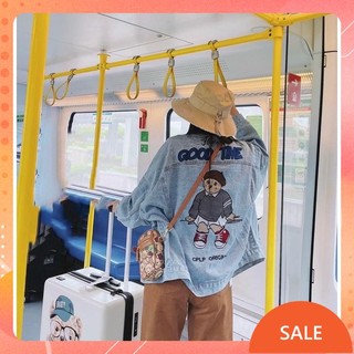 Áo khoác bò oversize logo thêu gấu chất đẹp Áo khoác jean Quang Châu MAIANHSHOP