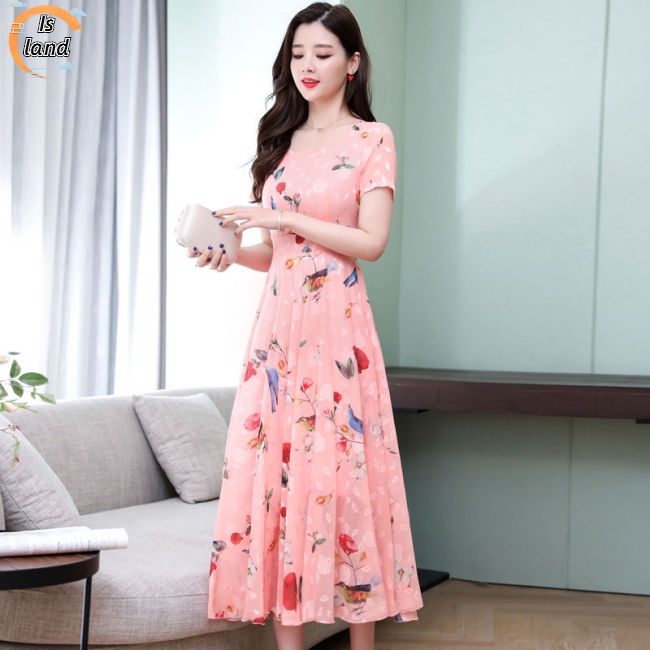 Đầm Chữ A Ngắn Tay Cổ Tròn In Họa Tiết Thời Trang Dành Cho Nữ