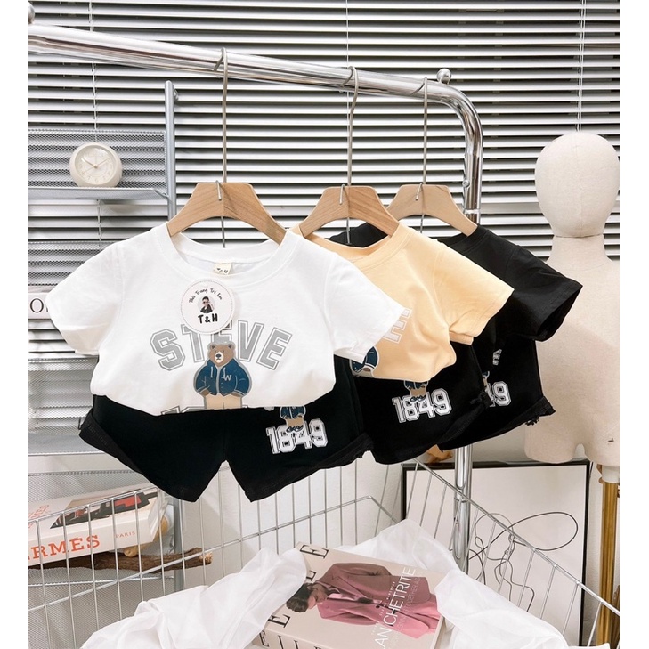 Set Bộ Ngắn tay Cotton Hình gấu STEVE 1849 Trẻ em dành cho Bé trai, Bé gái 8-18kg