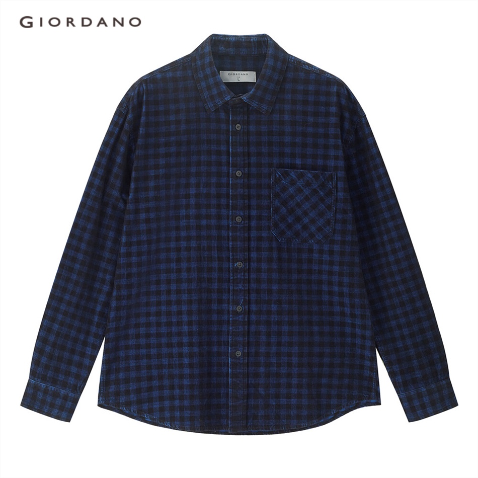 Áo sơ mi GIORDANO 18043601 vải dệt kim corduroy tay dài họa tiết caro phối túi dành cho nam