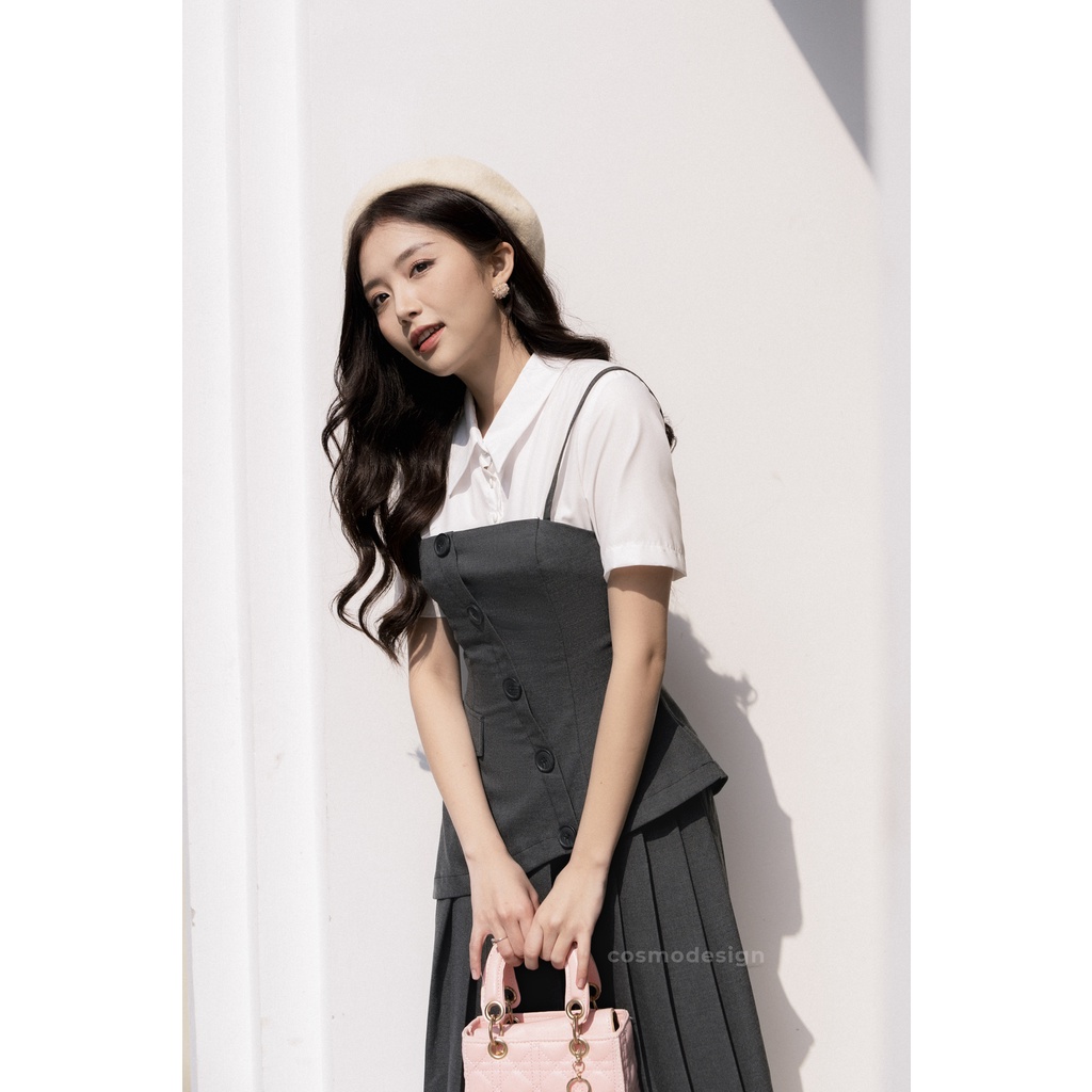 The highway - Váy Xoè Ghi Tàn Phối Trắng Vạt Chéo ,Xếp Ly Chân