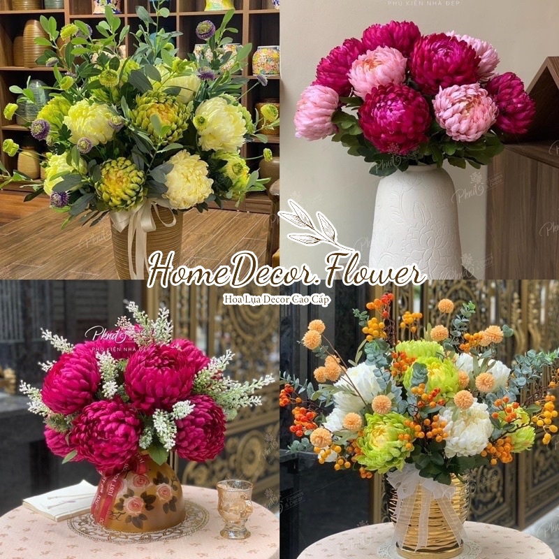 Cành Hoa Cúc Mẫu Đơn Giả Chất Liệu Lụa Nhập Khẩu Loại 1, Trang Trí Nhà Cửa, Decor Góc Làm Việc, Studio