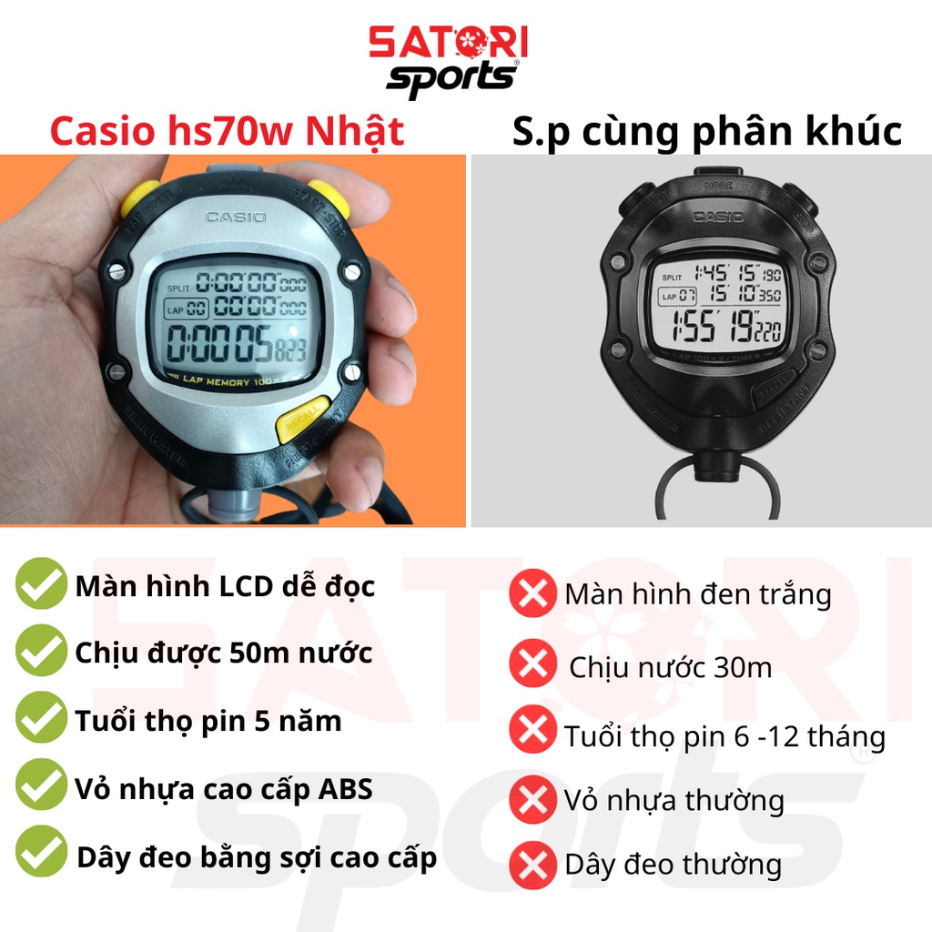 Đồng hồ bấm giờ CASIO HS-70W chính hãng Pin 5 năm chịu nước 50m , bấm giây 100 lap - SATORI SPORT
