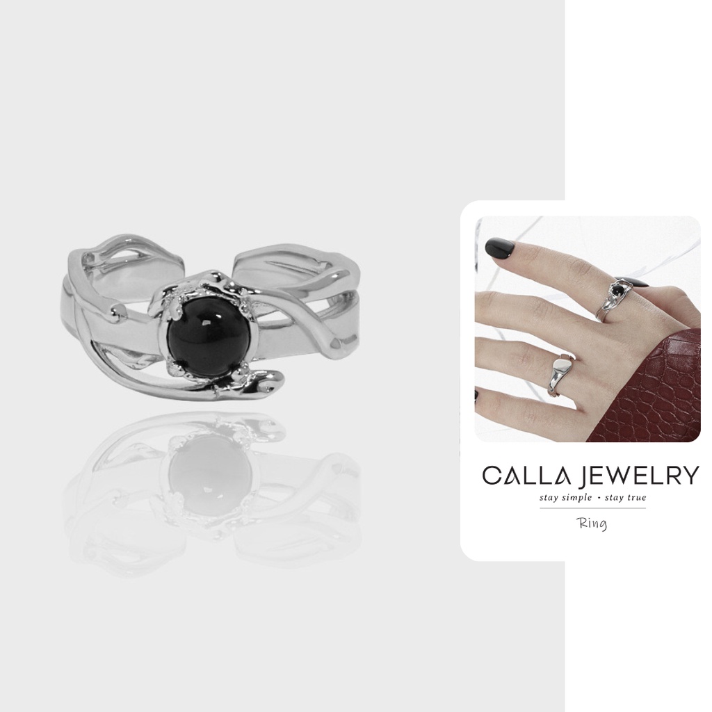 Nhẫn bạc Calla Jewelry uốn lượn đính đá mã não đen | R031