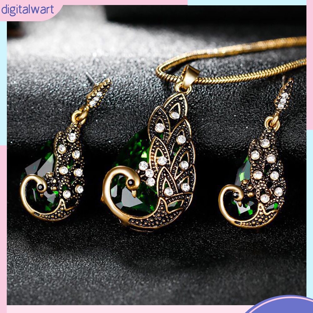 Set 3 Vòng cổ Và Bông Tai Hình Chim Công Đính Đá Nhân Tạo Thời Trang