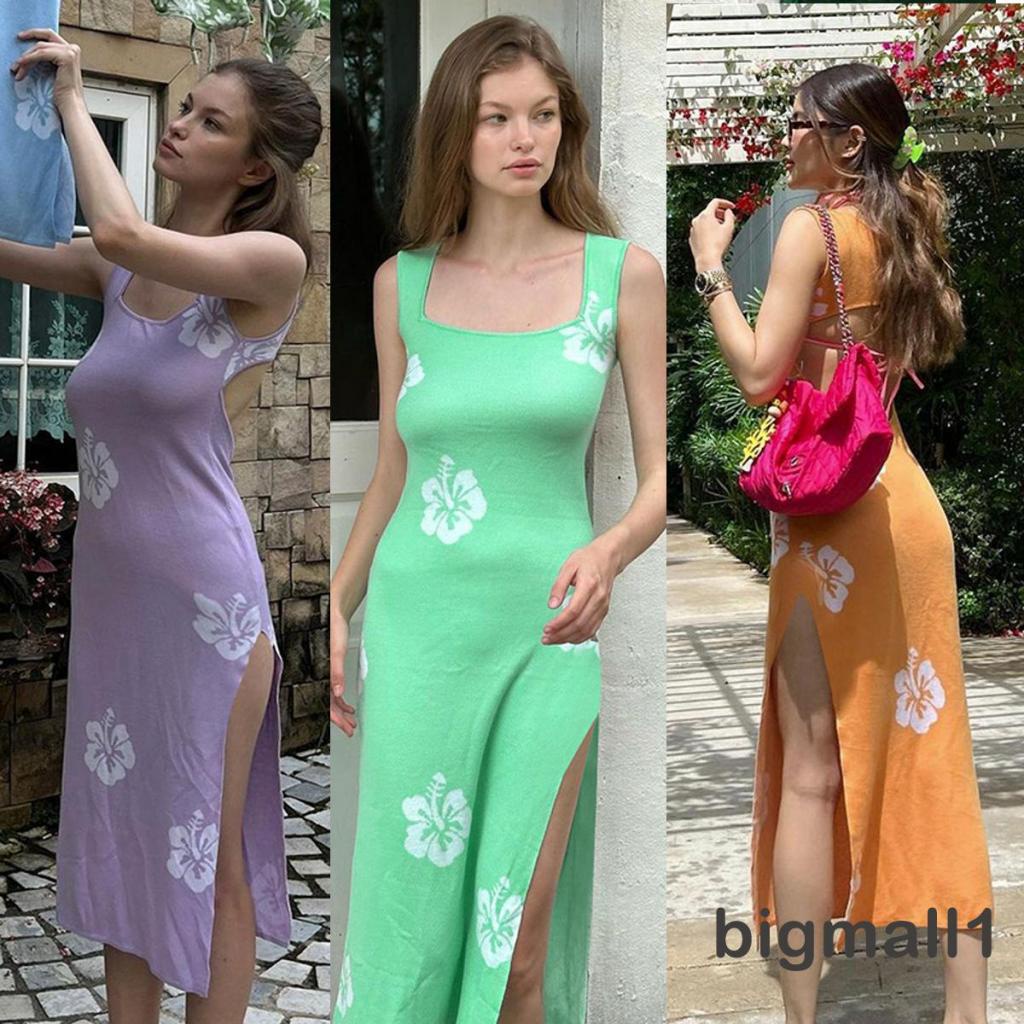 Đầm Dệt Kim Không Tay Cổ Vuông Hở Lưng Xẻ Tà Họa Tiết Hoa Thời Trang Mùa Hè Cho Nữ