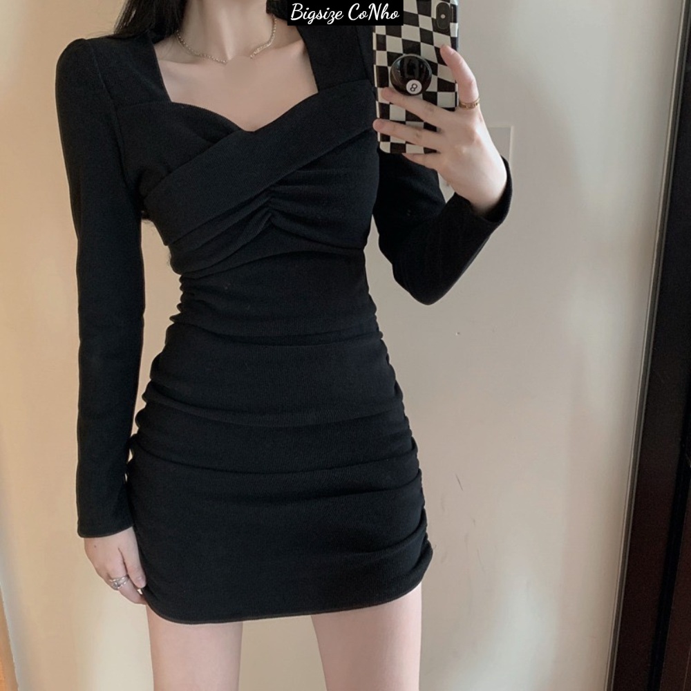 Đầm bigsize tay dài xéo ngực cổ nữ hoàng dáng dài ôm body nhún ngực chất gân tăm co giãn nữ từ 60-95kg G73