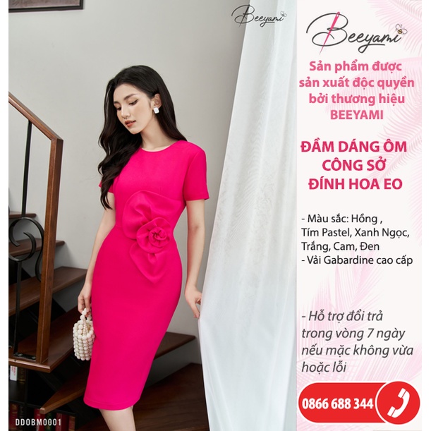 Đầm Dáng Ôm Công Sở Đính Hoa Eo, Vải Gabardine cao cấp,có co giãn, lớp lót habutai thấm hút mồ hôi tốt, vải ít nhăn