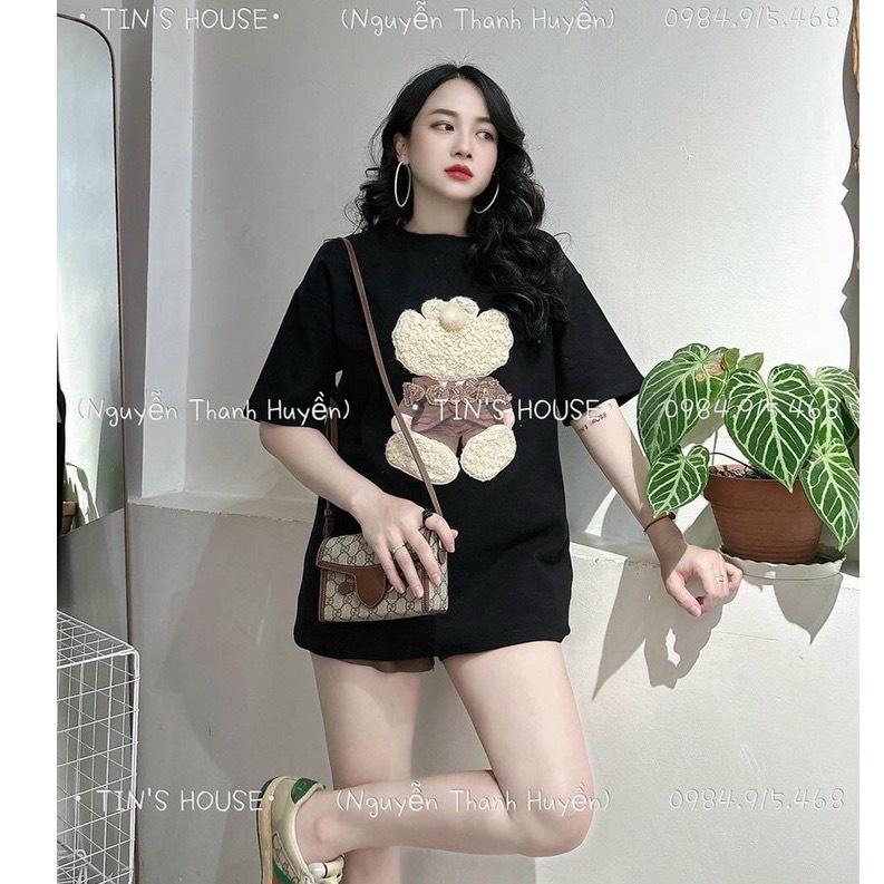 Áo Phông Tay Lỡ Cổ Tròn Thêu Nổi Poxe CHất Cotton Co Dãn 3 Màu Con Gấu