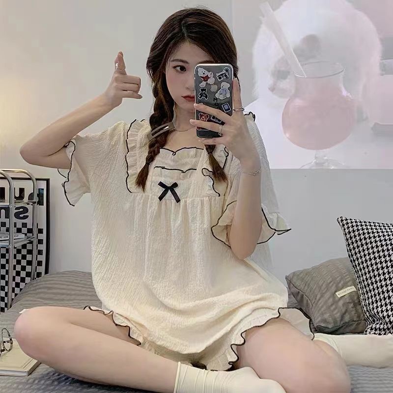 Bộ Đồ Ngủ Tay Ngắn Chất Cotton Mỏng Nhẹ Đính Nơ Thời Trang Mùa Hè Xinh Xắn Cho Nữ