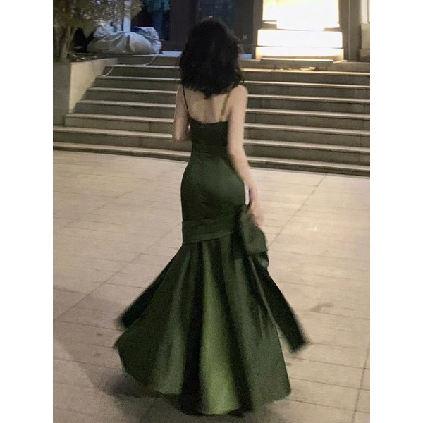 ( ORDER ) Đầm Lụa 2 Dây Đuôi Cá Dáng Dài Xoè Đính Nơ Bên