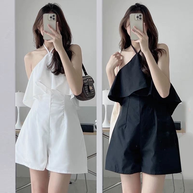 Jumpsuit cổ yếm cho nữ dáng ngắn liền quần hở vai phong cách sexy