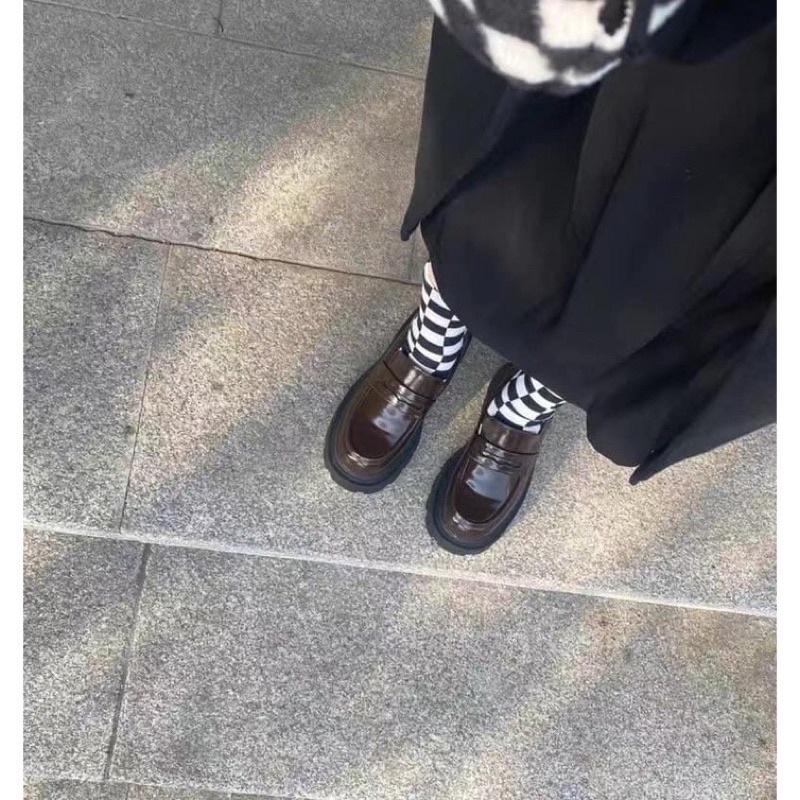 Giày lười đế cao  6cm da bóng  mũi tròn vintage  Oxford hàng loại 1