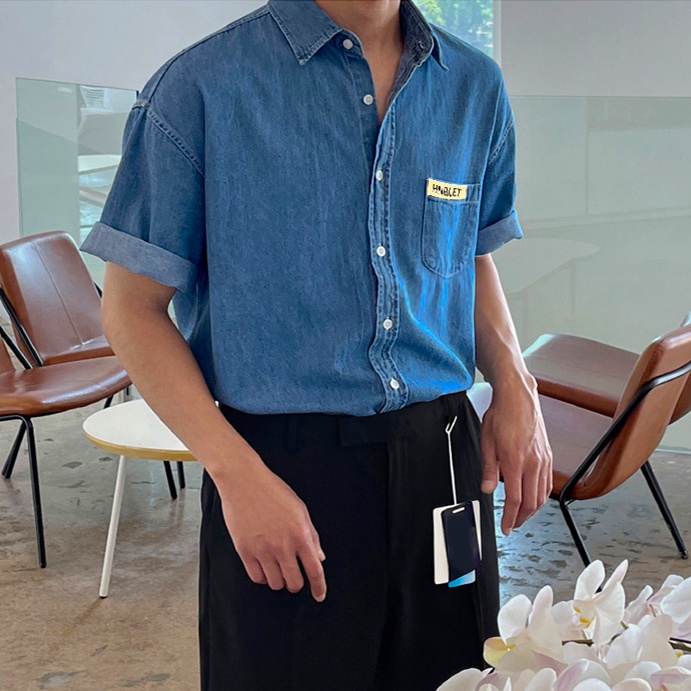 Áo Sơ Mi denim Ngắn Tay Phong Cách retro Thời Trang Cho Nam