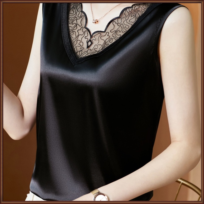 Áo Satin Không Tay Cổ Chữ V Phối Ren Màu Sắc Đơn Giản Thời Trang Dành Cho Nữ