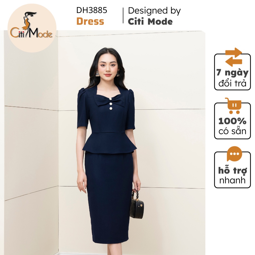 Đầm công sở CITI MODE FASHION thiết kế dáng ôm peplum xanh than phối cổ nơ cách điệu DH3885