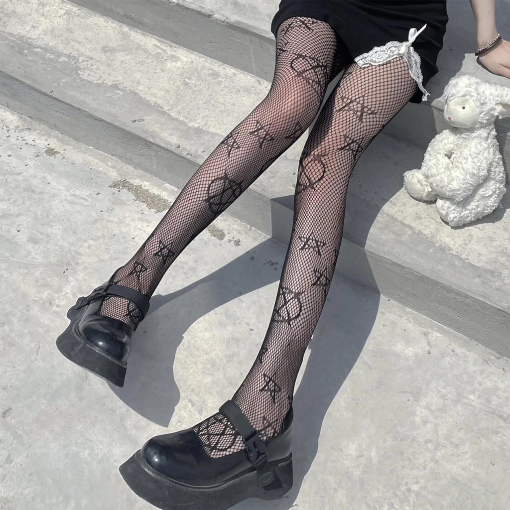 Quần Tất Lưới Đen Co Giãn Họa Tiết Ngôi Sao Năm Cánh Phong Cách Gothic Punk Thời Trang Gợi Cảm Cho Nữ