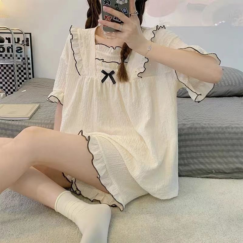 Bộ Đồ Ngủ Tay Ngắn Chất Cotton Mỏng Nhẹ Đính Nơ Thời Trang Mùa Hè Xinh Xắn Cho Nữ
