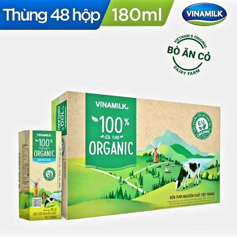Sữa Tươi Tiệt Trùng Vinamilk 100% Organic Không Đường - Thùng 48 Hộp 180ml