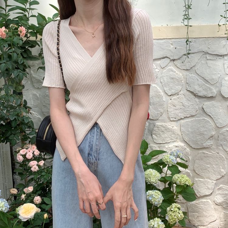 Phiên bản Hàn Quốc của Slim màu Áo Sơ Mi CỔ CHỮ V Đan Áo Len Ngắn Tay ÁO THUN