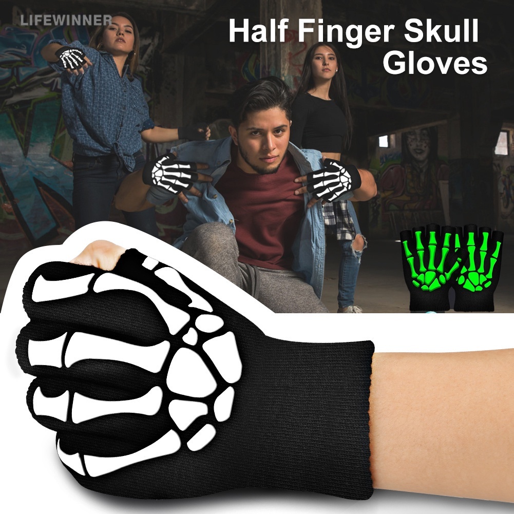 [Bán Chạy] Găng Tay Dệt Kim Hở Ngón Giữ Ấm / Đạo Cụ Hóa Trang Ngày Halloween Hình Đầu Lâu Dạ Quang Cho Nam Và Nữ