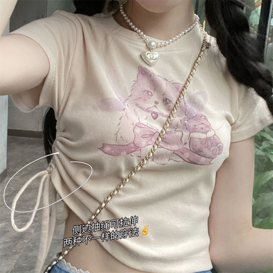 COZOK Áo Thun Ngắn Tay In Hình Mèo Thời Trang Mùa Hè Năng Động