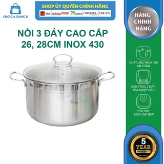 Nồi luộc gà inox 430 bếp từ Fivestar 3 đáy nắp kính ( 28cm )