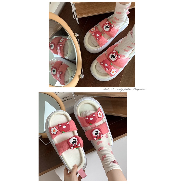 Dép Sandal Đế Mềm Dày Chống Trượt In Hình Gấu Dâu Tây Dễ Thương Thời Trang Mùa Hè Cho Nữ