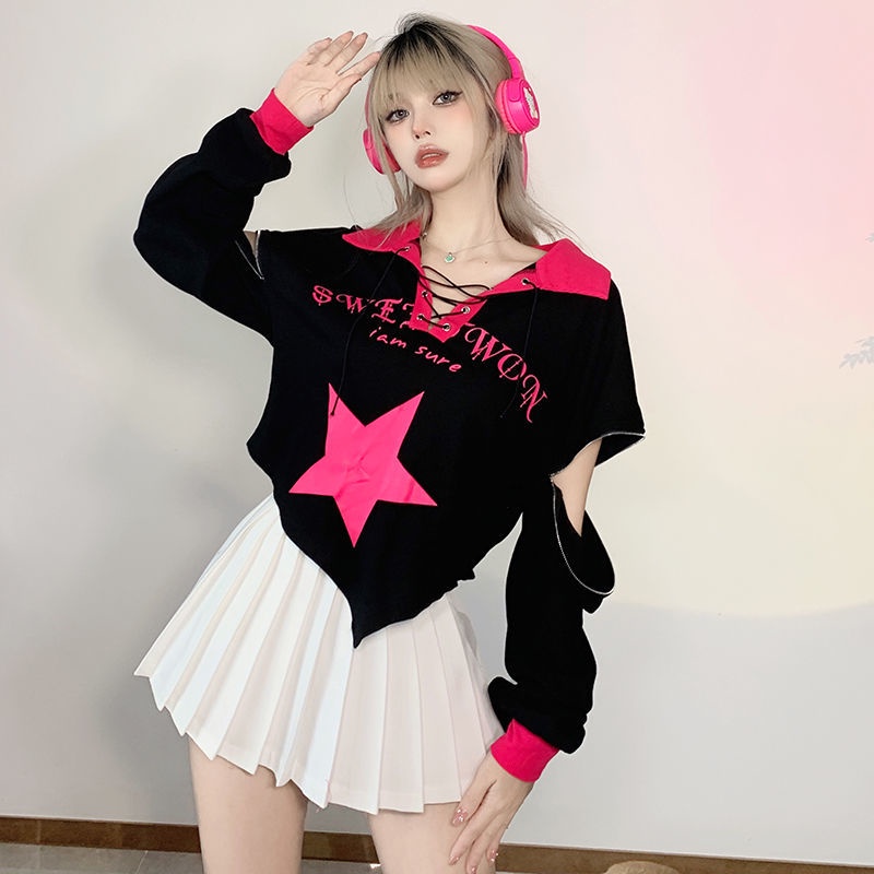 Áo Sweater Cổ POLO In Hình Ngôi Sao Màu Sắc Tương Phản Phối Khóa Kéo Thời Trang Cho Nữ