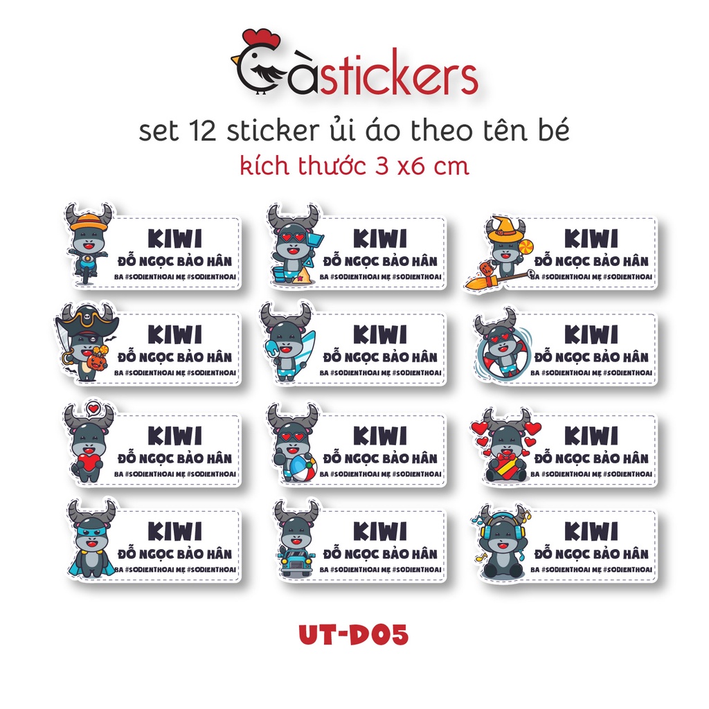 Sticker ủi áo in tên trẻ em GaStickers UT-D05- bộ 12 miếng kích thước 3 x 6 cm