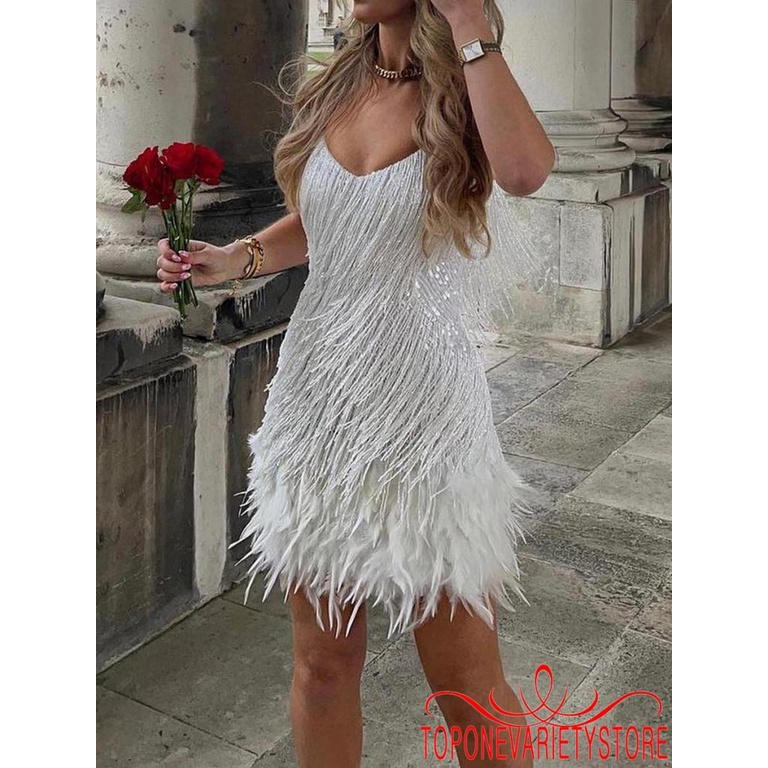 Topone Đầm Nữ Hai Dây Cổ Chữ V Tua Rua Lông Vũ Thời Trang