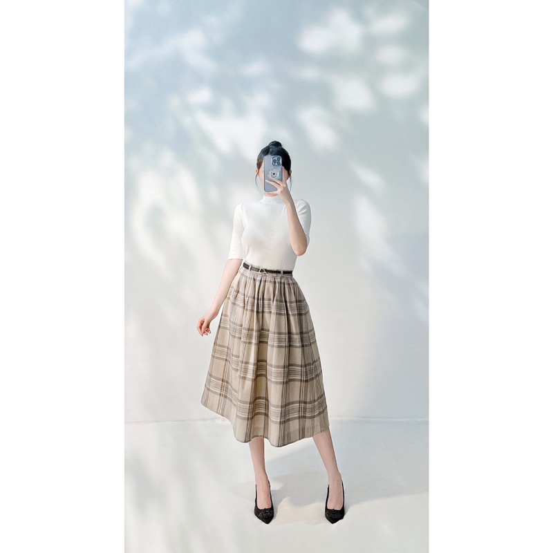 Chân váy dạ kẻ xoè midi vintage