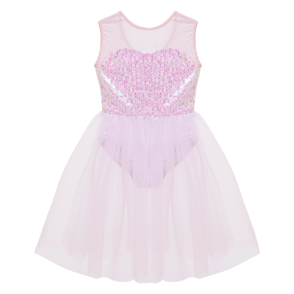 Trẻ Em Bé Gái Khiêu Vũ Leotard Đầm Cổ Tròn Không Tay Sáng Bóng Kim Sa Lấp Lánh Đính Đá Bodice Mở Lưng Lưới Đầm Khiêu Vũ
