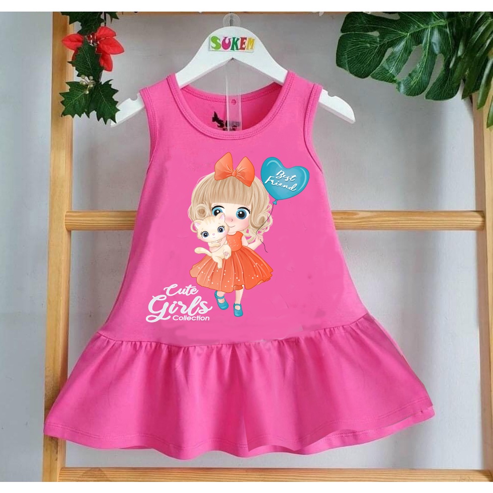 Đầm sát nách chất thun co giãn4 chiều in hình bé gái dễ thương cho bé từ 8kg đến 28kg