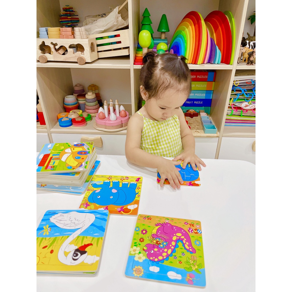 Tranh gỗ ghép hình 9 mảnh nhiều hình ngộ nghĩnh size to 15*15cm cho bé